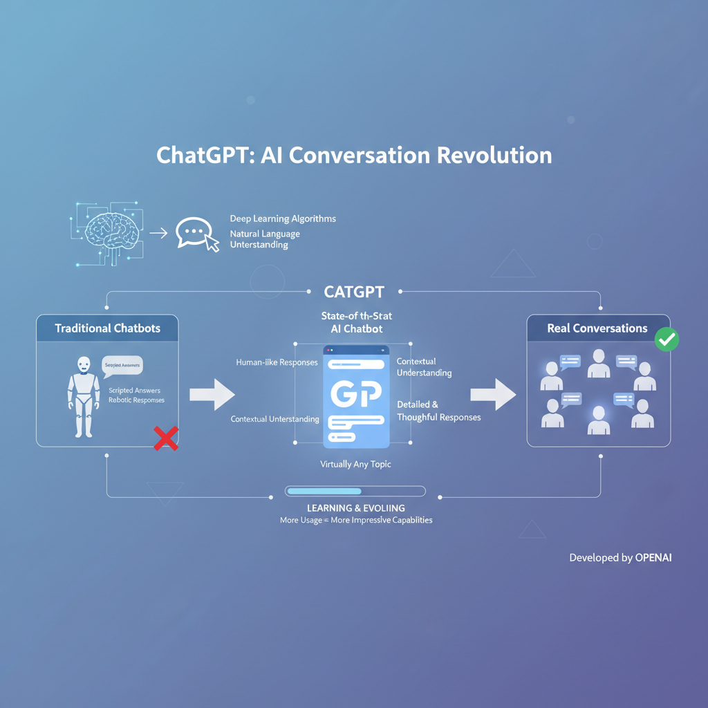 Infographic about an image depicting: ChatGPT is a state-of-the-art AI chatbot developed by OpenAI that uses deep learning algorithms to understand natural language and generate human-like responses. Unlike traditional chatbots that give robotic, scripted answers, ChatGPT is capable of holding real conversations with you, understanding context, and providing detailed, thoughtful responses on virtually any topic. And the more it's used, the more impressive its capabilities become.